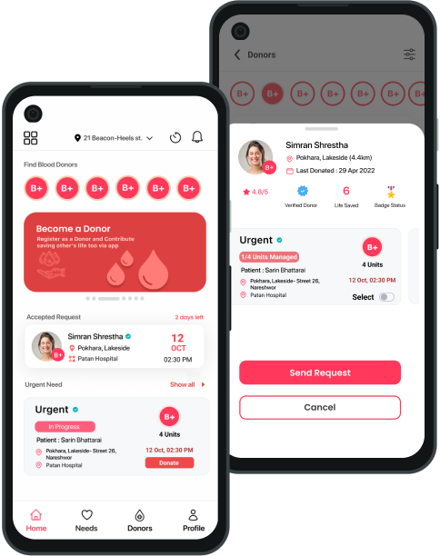 Hamro Blood Bank donor discovery and blood request screens