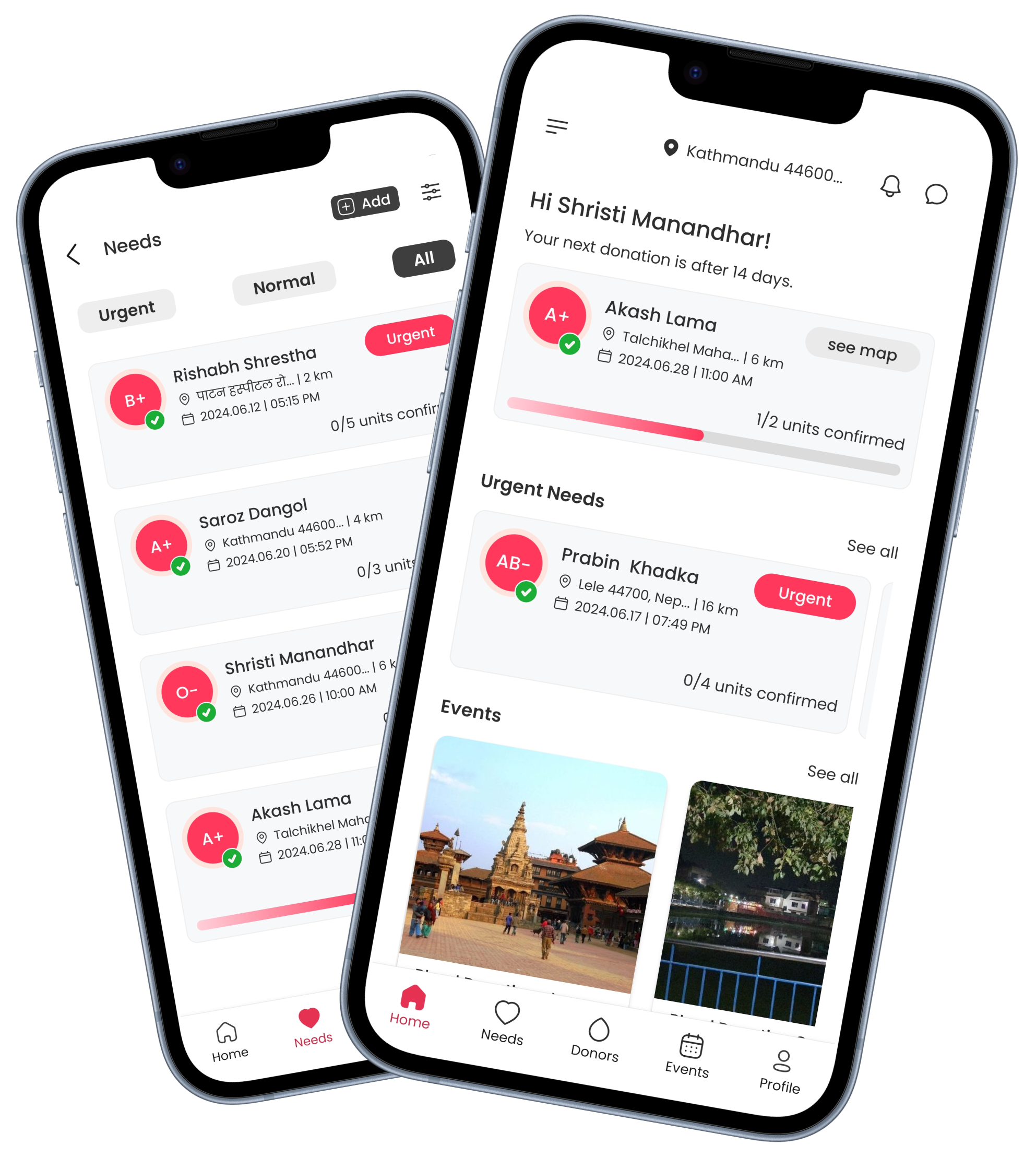 Hamro Blood Bank mobile app showing donor discovery and blood need features
